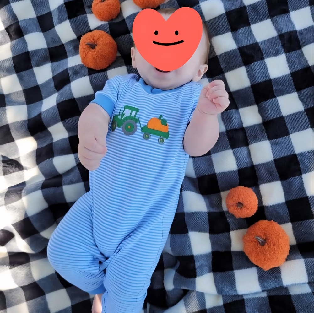 Ishtex 6 Month Infant FALL Blue and White Striped Footies with Tractor Design